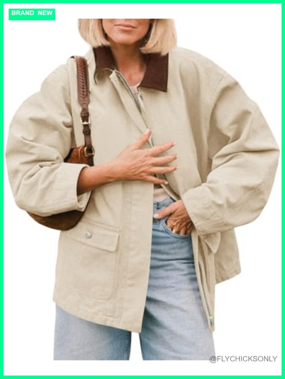 Oversized Utility Barn Jacket Corduroy Collar Zip Pockets Fall Safari Trench